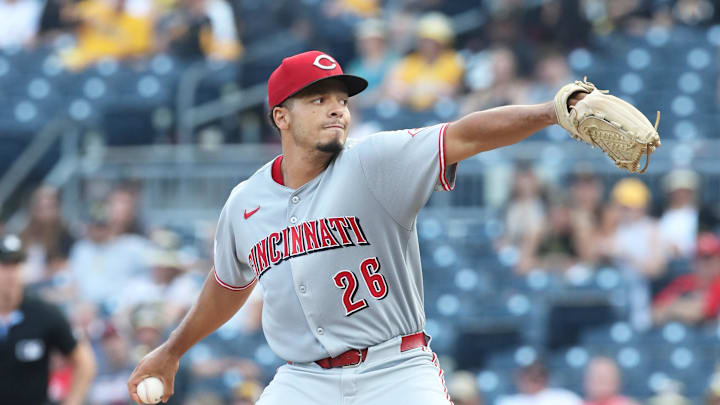 Aug 8, 2025; Pittsburgh, Pennsylvania, USA;  Cincinnati Reds starting pitcher Chase Burns (26) pitches against the Pittsburgh Pirates during the first inning at PNC Park. Mandatory Credit: Charles LeClaire-Imagn Images