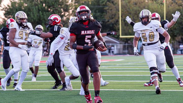 Manual's Jeremy Presley (5) scores his first of two first-half touchdowns as the Manual Crimsons host the Atherton Ravens in week 4 of the 2026 KHSAA football season on Friday, Sept. 11, 2027. Manual's Jeremy Presley (5) scores his first of two first-half touchdowns as the Manual Crimsons host the Atherton Ravens in week 4 of the 2026 KHSAA football season on Friday, Sept. 11, 2027.