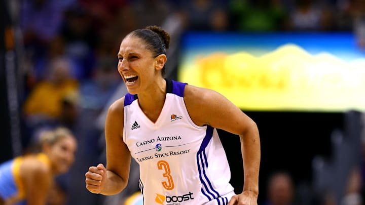 Sep 9, 2014; Phoenix, AZ, USA; Phoenix Mercury guard Diana Taurasi (3) reacts against the Chicago Sky during game two of the WNBA Finals at US Airways Center. The Mercury defeated the Sky 97-68. Mandatory Credit: Mark J. Rebilas-Imagn Images