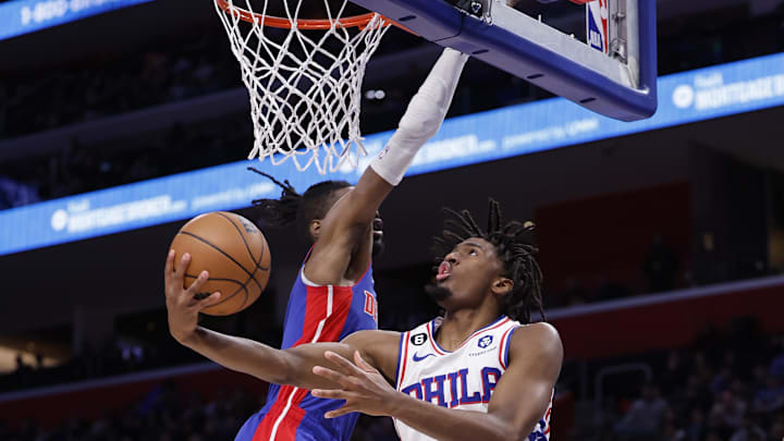 Jan 8, 2023; Detroit, Michigan, USA;  Philadelphia 76ers guard Tyrese Maxey (0) shoots on Detroit