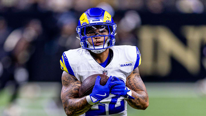 Dec 1, 2024; New Orleans, Louisiana, USA;  Los Angeles Rams running back Blake Corum (22) during warms up against the New Orleans Saints at Caesars Superdome. Mandatory Credit: Stephen Lew-Imagn Images