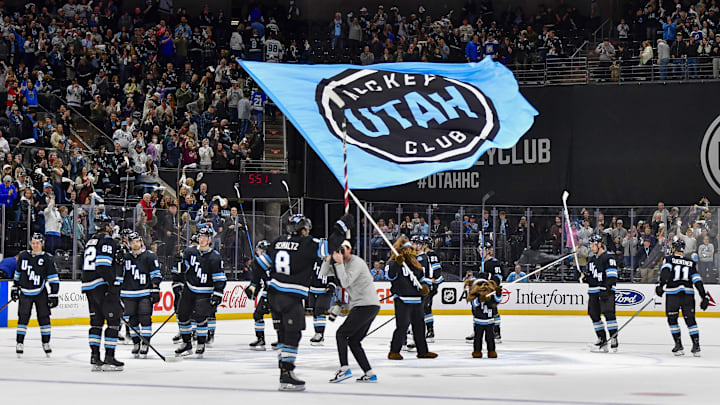 Mar 22, 2025; Salt Lake City, Utah, USA; Utah Hockey Club celebrates their win after the game against the Tampa Bay Lightning at the Delta Center. Mandatory Credit: Peter Creveling-Imagn Images