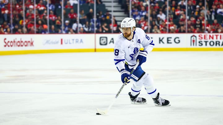 Feb 2, 2026; Calgary, Alberta, CAN; Toronto Maple Leafs right wing William Nylander (88) skates with the puck against the Calgary Flames during the first period at Scotiabank Saddledome. Mandatory Credit: Sergei Belski-Imagn Images