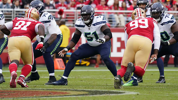Seattle Seahawks center Olu Oluwatimi blocks San Francisco 49ers defensive tackle Sam Okuayinonu in the second quarter at Levi's Stadium. Seattle Seahawks center Olu Oluwatimi blocks San Francisco 49ers defensive tackle Sam Okuayinonu in the second quarter at Levi's Stadium.