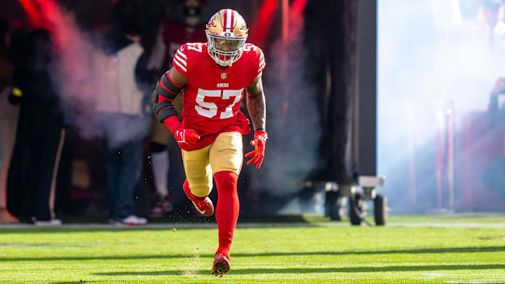 November 27, 2022; Santa Clara, California, USA; San Francisco 49ers linebacker Dre Greenlaw (57) before the game against the New Orleans Saints at Levi's Stadium. Mandatory Credit: Kyle Terada-Imagn Images
