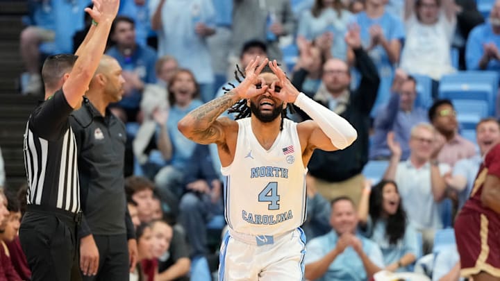 Nov 4, 2024; Chapel Hill, North Carolina, USA;  North Carolina Tar Heels guard RJ Davis (4) reacts after hitting a three point shot in the first half at Dean E. Smith Center. Mandatory Credit: Bob Donnan-Imagn Images