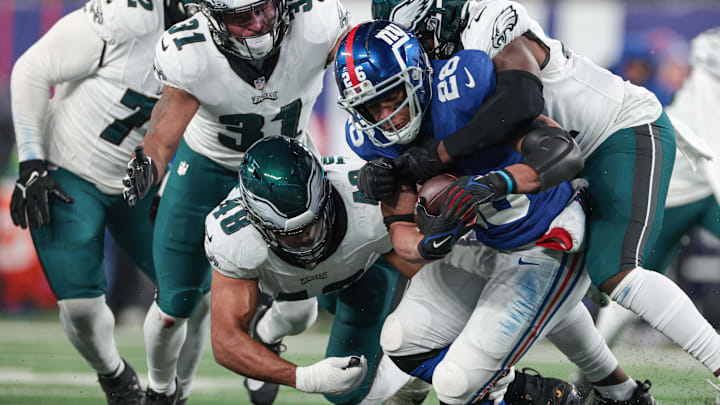 Jan 7, 2024; East Rutherford, New Jersey, USA; New York Giants running back Saquon Barkley (26) is