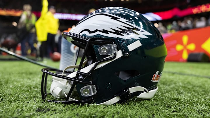 Feb 9, 2025; New Orleans, LA, USA; Detailed view of a Philadelphia Eagles helmet during Super Bowl LIX at Ceasars Superdome. Mandatory Credit: Mark J. Rebilas-Imagn Images