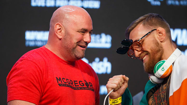 Aug 25, 2017; Las Vegas, NV, USA;  Conor McGregor (right) and UFC president Dana White during weigh ins for the upcoming boxing match at T-Mobile Arena. Mandatory Credit: Mark J. Rebilas-Imagn Images