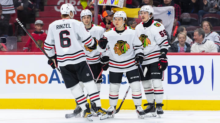 Apr 15, 2025; Ottawa, Ontario, CAN; Chicago Blackhawks center Connor Bedard (98) celebrates his goal scored in the second period against the  Ottawa Senators at the Canadian Tire Centre. Mandatory Credit: Marc DesRosiers-Imagn Images