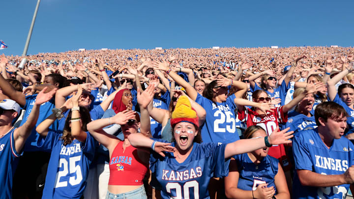 Kansas Jayhawks fans react to a touchdown during the game between Fresno State and Kansas at David Booth Kansas Memorial Stadium on Aug. 23, 2025. Kansas Jayhawks fans react to a touchdown during the game between Fresno State and Kansas at David Booth Kansas Memorial Stadium on Aug. 23, 2025.