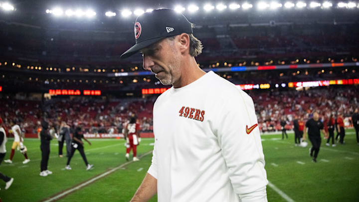 Jan 5, 2025; Glendale, Arizona, USA; San Francisco 49ers head coach Kyle Shanahan reacts after losing to the Arizona Cardinals at State Farm Stadium. Mandatory Credit: Mark J. Rebilas-Imagn Images