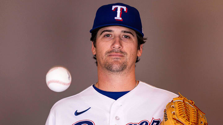 Feb 17, 2026; Surprise, AZ, USA; Texas Rangers pitcher Cal Quantrill during media day at Surprise Sports Complex. Mandatory Credit: Arianna Grainey-Imagn Images