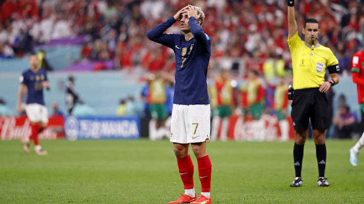 Dec 14, 2022; Al Khor, Qatar; France forward Antoine Griezmann (7) reacts after FIFA referee Cesar Ramos calls a play back against Morocco for offside during the second half of a semifinal match during the 2022 World Cup at Al Bayt Stadium. Mandatory Credit: Yukihito Taguchi-USA TODAY Sports Dec 14, 2022; Al Khor, Qatar; France forward Antoine Griezmann (7) reacts after FIFA referee Cesar Ramos calls a play back against Morocco for offside during the second half of a semifinal match during the 2022 World Cup at Al Bayt Stadium. Mandatory Credit: Yukihito Taguchi-USA TODAY Sports