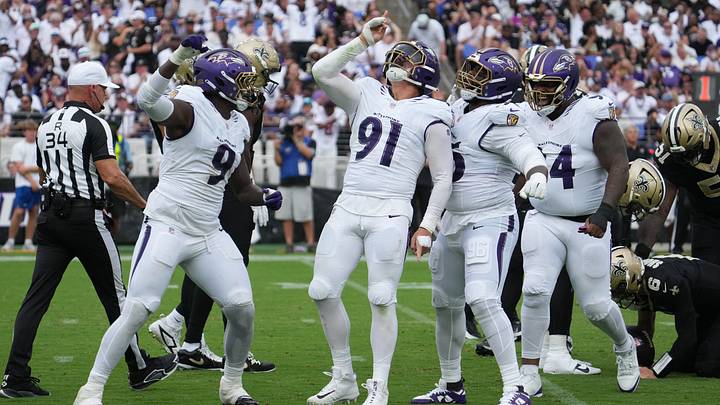 Sep 20, 2026; Baltimore, Maryland, USA; Baltimore Ravens linebacker Trey Hendrickson (91) reacts after a sack in the third quarter against the New Orleans Saints at M&T Bank Stadium. Mandatory Credit: James Lang-Imagn Images Sep 20, 2026; Baltimore, Maryland, USA; Baltimore Ravens linebacker Trey Hendrickson (91) reacts after a sack in the third quarter against the New Orleans Saints at M&T Bank Stadium. Mandatory Credit: James Lang-Imagn Images