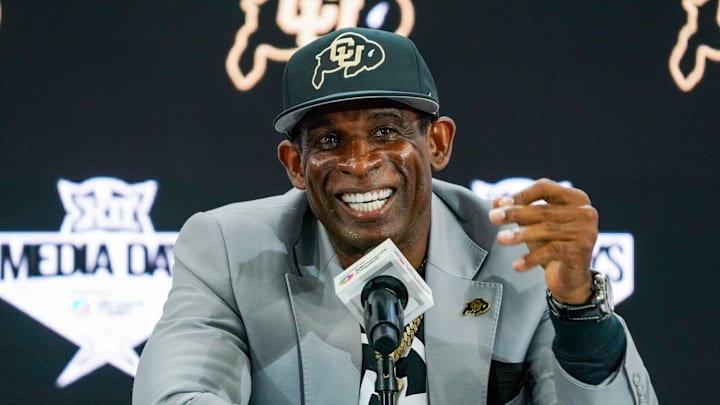 Jul 9, 2025; Frisco, TX, USA; Colorado head coach Deion Sanders speaks with the media during 2025 Big 12 Football Media Days at The Star. Mandatory Credit: Raymond Carlin III-Imagn Images