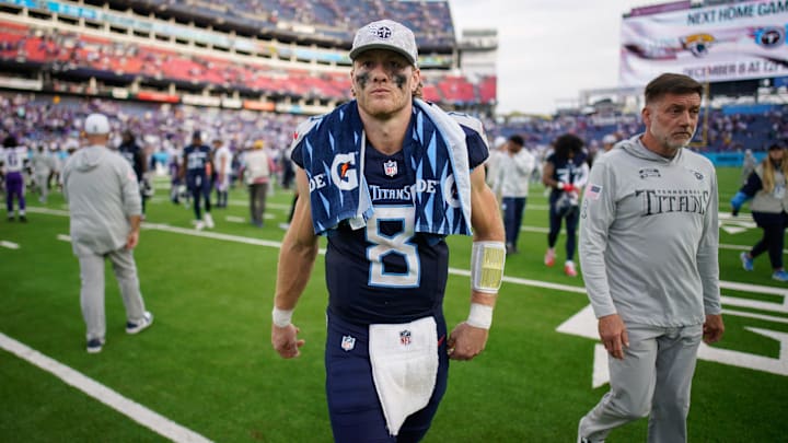 Tennessee Titans quarterback Will Levis (8) exits the field after the loss to the Minnesota Vikings at Nissan Stadium in Nashville, Tenn., Sunday, Nov. 17, 2024.