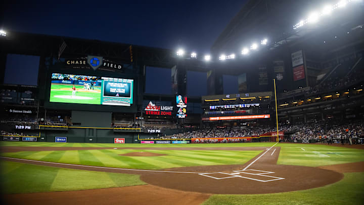 Apr 30, 2024; Phoenix, Arizona, USA; Overall view of Chase Field during a delay to the start of the Arizona Diamondbacks game against the Los Angeles Dodgers. Mandatory Credit: Mark J. Rebilas-Imagn Images