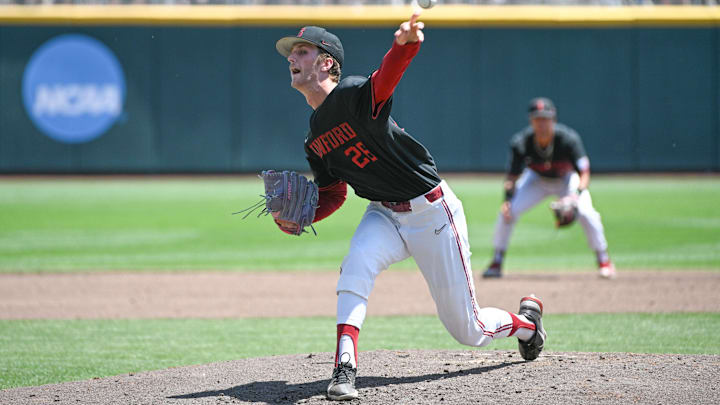 Jun 19, 2023; Omaha, NE, USA;  Stanford Cardinal starting pitcher Quinn Mathews (26) throws against the Tennessee Volunteers in the second inning at Charles Schwab Field Omaha. Mandatory Credit: Steven Branscombe-Imagn Images