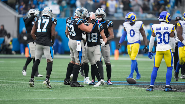 Nov 30, 2025; Charlotte, North Carolina, USA; Carolina Panthers center Austin Corbett (63) celebrates with Carolina Panthers wide receiver Jalen Coker (18) after a play during the fourth quarter against the Los Angeles Rams at Bank of America Stadium. Mandatory Credit: Jim Dedmon-Imagn Images Nov 30, 2025; Charlotte, North Carolina, USA; Carolina Panthers center Austin Corbett (63) celebrates with Carolina Panthers wide receiver Jalen Coker (18) after a play during the fourth quarter against the Los Angeles Rams at Bank of America Stadium. Mandatory Credit: Jim Dedmon-Imagn Images