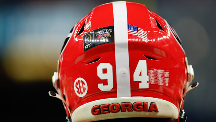 Jan 1, 2026; New Orleans, LA, USA; The helmet of Georgia Bulldogs defensive lineman Xzavier McLeod (94) is seen during warmups prior to the 2025 Sugar Bowl and quarterfinal game of the College Football Playoff against the Mississippi Rebels at Caesars Superdome. Mandatory Credit: Amber Searls-Imagn Images Jan 1, 2026; New Orleans, LA, USA; The helmet of Georgia Bulldogs defensive lineman Xzavier McLeod (94) is seen during warmups prior to the 2025 Sugar Bowl and quarterfinal game of the College Football Playoff against the Mississippi Rebels at Caesars Superdome. Mandatory Credit: Amber Searls-Imagn Images