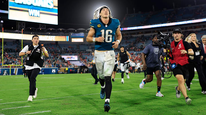 Jacksonville Jaguars quarterback Trevor Lawrence (16) runs off the field after the game of an NFL football matchup at EverBank Stadium, Monday, Oct. 6, 2025, in Jacksonville, Fla. The Jacksonville Jaguars edged the Kansas City Chiefs 31-28. [Corey Perrine/Florida Times-Union]