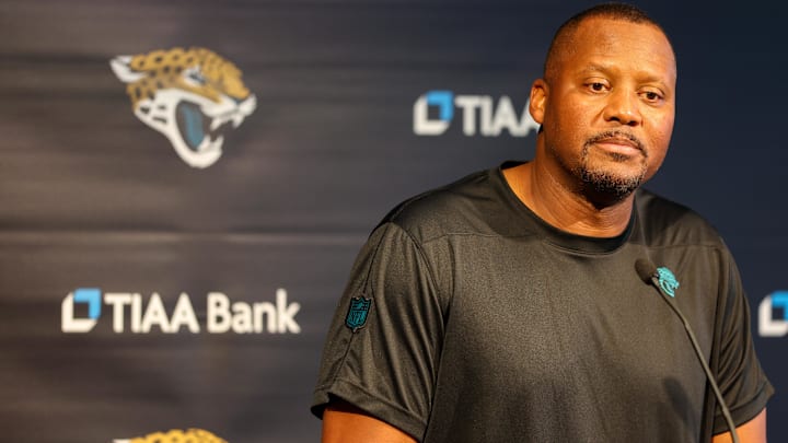 Jul 28, 2023; Jacksonville, FL, USA;  Jacksonville Jaguars defensive coordinator Mike Caldwell gives
