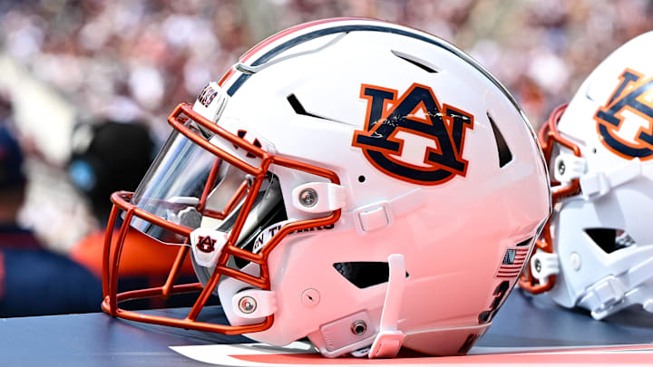 Sep 23, 2023; College Station, Texas, USA; A detailed view of an Auburn Tigers helmet on the Sep 23, 2023; College Station, Texas, USA; A detailed view of an Auburn Tigers helmet on the