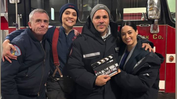 David Eigenberg, Miranda Rae Mayo, Anthony Nardolillo and Jeanine Mason on the set of Chicago Fire David Eigenberg, Miranda Rae Mayo, Anthony Nardolillo and Jeanine Mason on the set of Chicago Fire