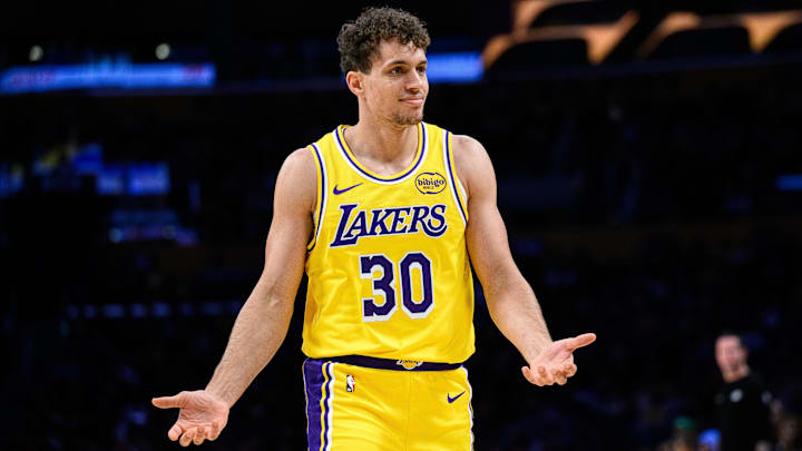 Oct 27, 2025; Los Angeles, California, USA; Los Angeles Lakers guard Chris Manon (30) reacts during the first half against the Portland Trail Blazers at Crypto.com Arena. Oct 27, 2025; Los Angeles, California, USA; Los Angeles Lakers guard Chris Manon (30) reacts during the first half against the Portland Trail Blazers at Crypto.com Arena.