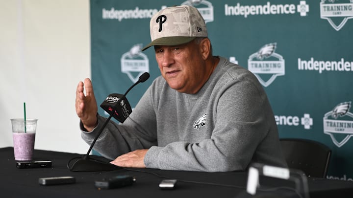 Philadelphia Eagles defensive coordinator Vic Fangio addresses the media during training camp at NovaCare Complex.
