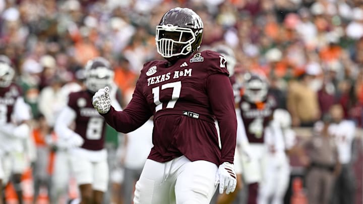 Dec 20, 2025; College Station, TX, USA; Texas A&M Aggies defensive tackle Albert Regis (17) celebrates during the game between the Aggies and the Hurricanes at Kyle Field. Mandatory Credit: Jerome Miron-Imagn Images Dec 20, 2025; College Station, TX, USA; Texas A&M Aggies defensive tackle Albert Regis (17) celebrates during the game between the Aggies and the Hurricanes at Kyle Field. Mandatory Credit: Jerome Miron-Imagn Images