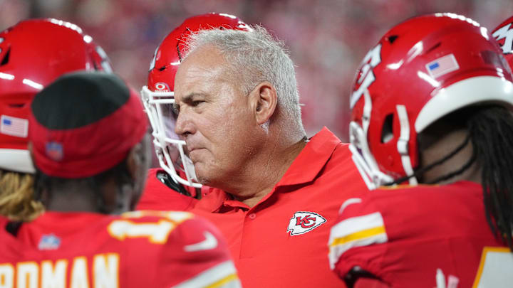 Sep 5, 2024; Kansas City, Missouri, USA; Kansas City Chiefs assistant head coach Dave Toub in the huddle against the Baltimore Ravens during the game at GEHA Field at Arrowhead Stadium. Mandatory Credit: Denny Medley-Imagn Images