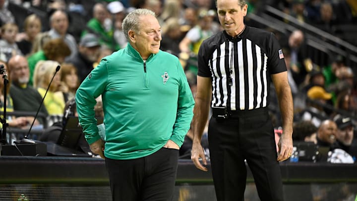Jan 20, 2026; Eugene, Oregon, USA; Michigan State Spartans head coach Tom Izzo reacts to a referee call during the first half against the Oregon Ducks at Matthew Knight Arena. Mandatory Credit: Craig Strobeck-Imagn Images