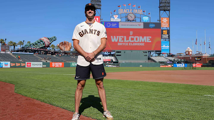 Jul 26, 2023; San Francisco, California, USA; San Francisco Giants 2023 first-round pick Bryce Eldridge before the game against the Oakland Athletics at Oracle Park. 
