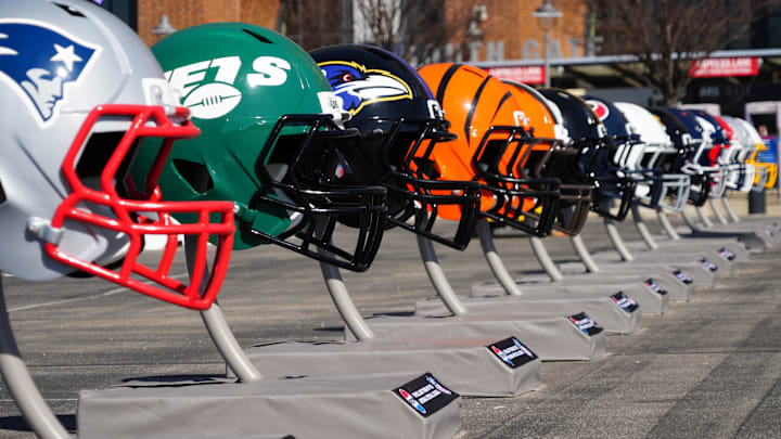 Feb 28, 2024; Indianapolis, IN, USA; A general view of large helmets of the New York Jets, Baltimore Ravens and Cincinnati Bengals at the NFL Scouting Combine Experience at Lucas Oil Stadium. Mandatory Credit: Kirby Lee-Imagn Images Feb 28, 2024; Indianapolis, IN, USA; A general view of large helmets of the New York Jets, Baltimore Ravens and Cincinnati Bengals at the NFL Scouting Combine Experience at Lucas Oil Stadium. Mandatory Credit: Kirby Lee-Imagn Images