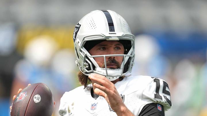 Sep 8, 2024; Inglewood, California, USA; Las Vegas Raiders quarterback Gardner Minshew (15) throws the ball against the Los Angeles Chargers at SoFi Stadium. Mandatory Credit: Kirby Lee-Imagn Images