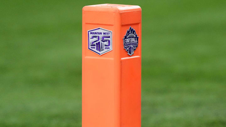 A pylon with the Mountain West Conference logo during the Mountain West Championship at Allegiant Stadium. Mandatory Credit: Kirby Lee-Imagn Images A pylon with the Mountain West Conference logo during the Mountain West Championship at Allegiant Stadium. Mandatory Credit: Kirby Lee-Imagn Images