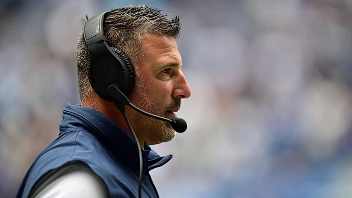 Oct 8, 2023; Indianapolis, Indiana, USA; Tennessee Titans head coach Mike Vrabel stands on the sidelines during the first quarter against the Indianapolis Colts at Lucas Oil Stadium. Mandatory Credit: Marc Lebryk-Imagn Images