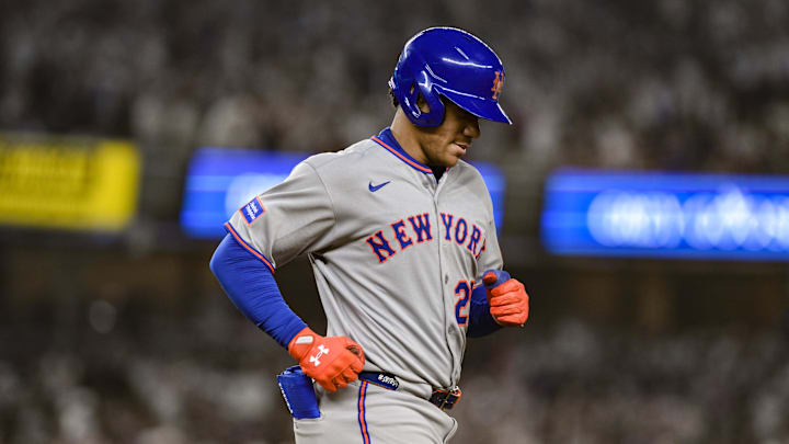 May 16, 2025; Bronx, New York, USA; New York Mets outfielder Juan Soto (22) reacts after grounding out against the New York Yankees during the seventh inning at Yankee Stadium. Mandatory Credit: John Jones-Imagn Images