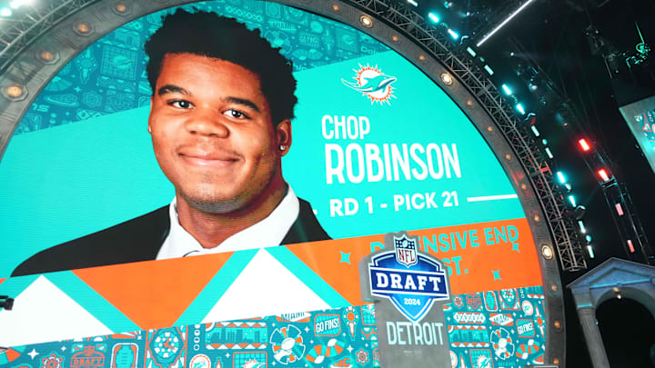 Penn State Nittany Lions defensive end Chop Robinson is selected as the No. 22 pick of the first round by the Miami Dolphins during the 2024 NFL Draft at Campus Martius Park and Hart Plaza.