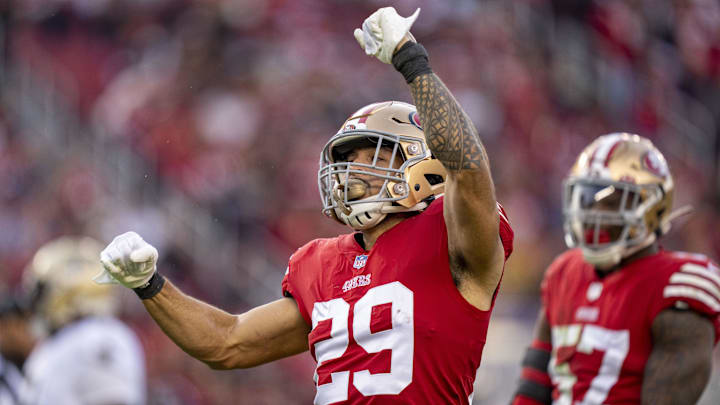 November 27, 2022; Santa Clara, California, USA; San Francisco 49ers safety Talanoa Hufanga (29) celebrates a defensive stop against the New Orleans Saints during the third quarter at Levi's Stadium. 