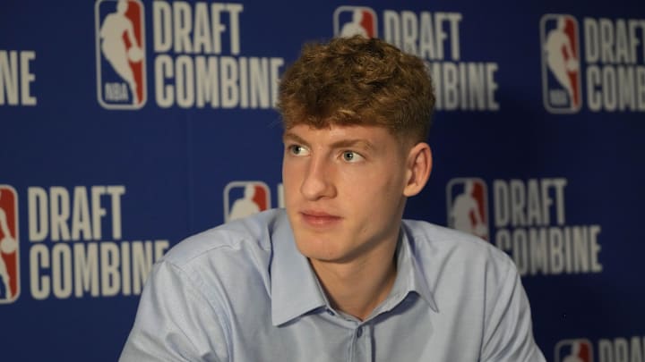Kasparas Jakucionis talks to the media during the 2025 NBA Draft Combine at Marriott Marquis Chicago. 