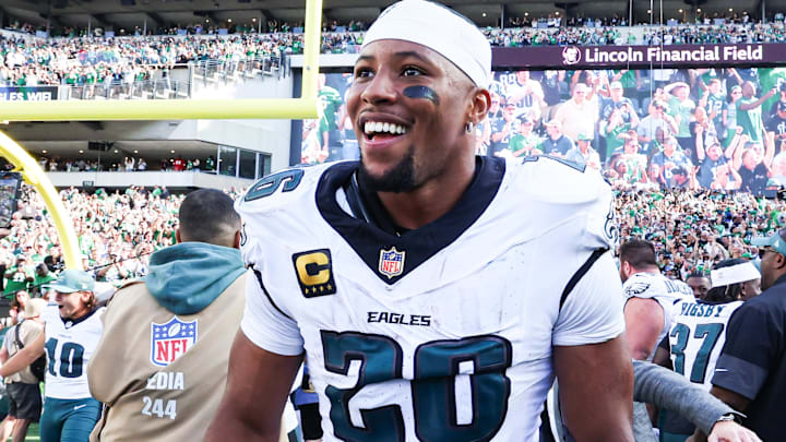 Philadelphia Eagles running back Saquon Barkley (26) reacts after a victory against the Los Angeles Rams at Lincoln Financial Field. Philadelphia Eagles running back Saquon Barkley (26) reacts after a victory against the Los Angeles Rams at Lincoln Financial Field.