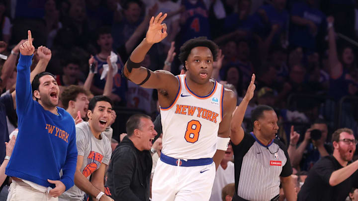 May 19, 2024; New York, New York, USA; New York Knicks forward OG Anunoby (8) celebrates his three point shot against the Indiana Pacers during the first quarter of game seven of the second round of the 2024 NBA playoffs at Madison Square Garden. Mandatory Credit: Brad Penner-USA TODAY Sports