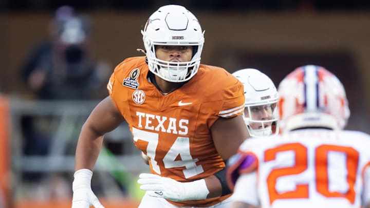 Dec 21, 2024; Austin, Texas, USA; Texas Longhorns offensive lineman Trevor Goosby (74) against the Clemson Tigers during the CFP National playoff first round at Darrell K Royal-Texas Memorial Stadium. Mandatory Credit: Mark J. Rebilas-Imagn Images Dec 21, 2024; Austin, Texas, USA; Texas Longhorns offensive lineman Trevor Goosby (74) against the Clemson Tigers during the CFP National playoff first round at Darrell K Royal-Texas Memorial Stadium. Mandatory Credit: Mark J. Rebilas-Imagn Images