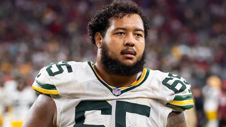 Oct 19, 2025; Glendale, Arizona, USA; Green Bay Packers guard Aaron Banks (65)  Mandatory Credit: Mark J. Rebilas-Imagn Images