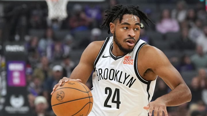 Nov 24, 2024; Sacramento, California, USA; Brooklyn Nets guard Cam Thomas (24) dribbles against the Sacramento Kings during the first quarter at Golden 1 Center. Mandatory Credit: Darren Yamashita-Imagn Images