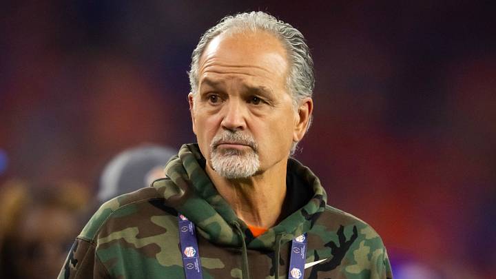 Dec 31, 2024; Glendale, AZ, USA; Boise State Broncos former coach Chuck Pagano in attendance of the Fiesta Bowl at State Farm Stadium. Mandatory Credit: Mark J. Rebilas-Imagn Images