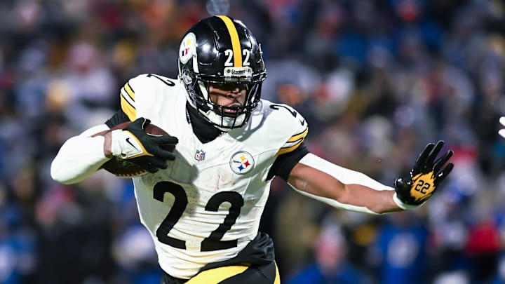 Jan 15, 2024; Orchard Park, New York, USA; Pittsburgh Steelers running back Najee Harris (22) runs